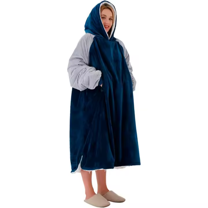Manta de Sudadera con Capucha de Gran tamaño, Manta de Sudadera Sherpa, suéter Acogedor para Mujeres Hombres Adultos (Azul/Gris) - 1
