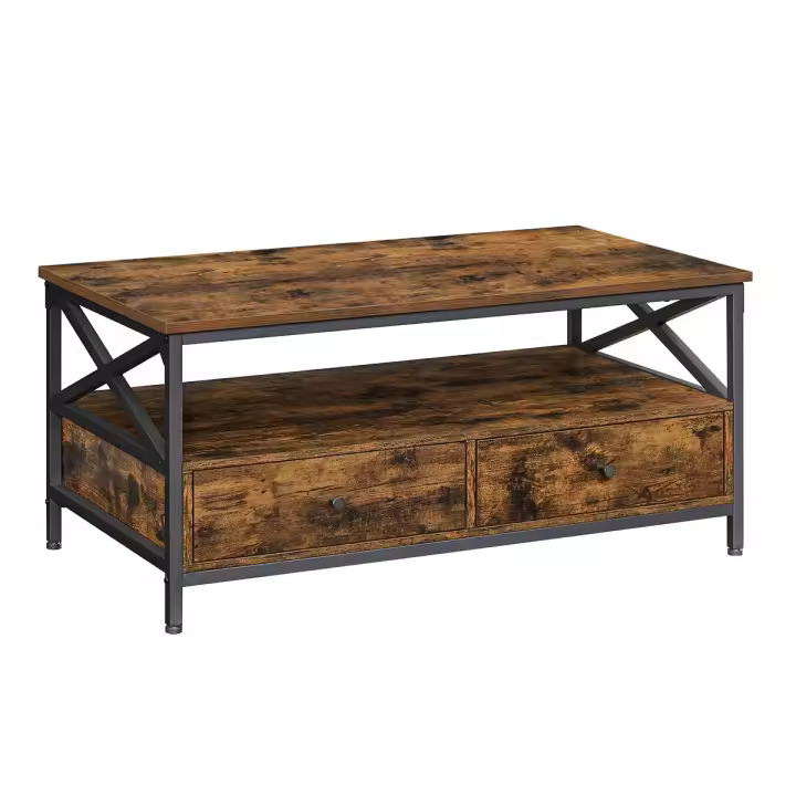 Mesa de centro con 2 cajones, estante abierto de almacenamiento y estructura de acero, 100x55x45 cm, color nogal y negro - 1