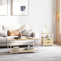 HOMCOM Mesa Auxiliar con 2 Cajones y Estantes de Almacenamiento Mesita de Noche con Marco de Metal para Salón Dormitorio 40x35x49 cm Natural - details 2