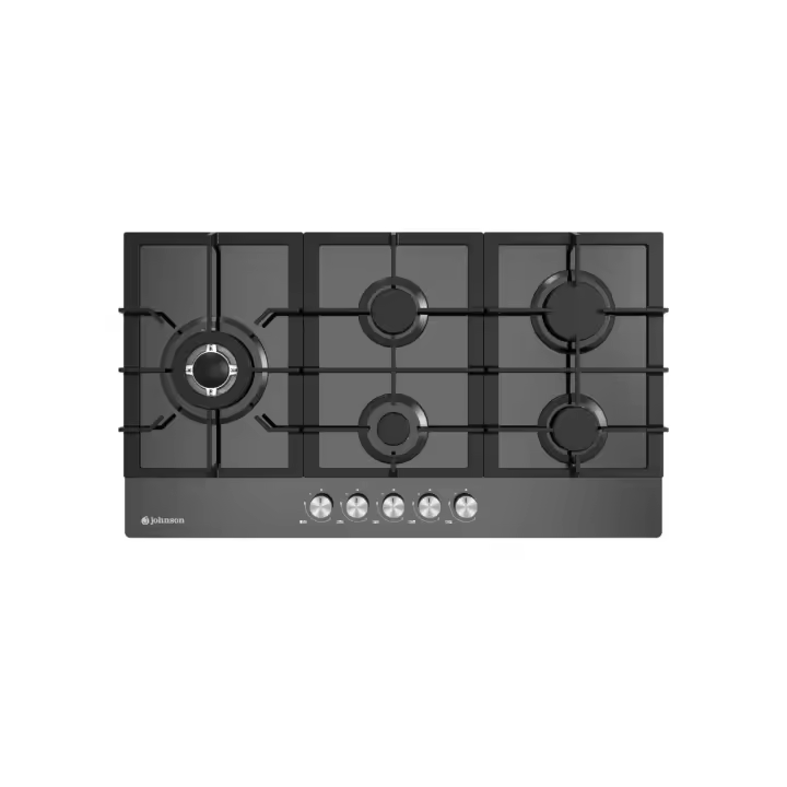 Meimon Encimera de gas Johnson de cristal negro con parrillas de hierro fundido, 5 zonas de cocinado, autoencendido, válvula de seguridad, y sistema de control mecánico. Preparada para gas butano, incluye kit de gas natural. Dimensiones: 9x90x51 cm. - 1