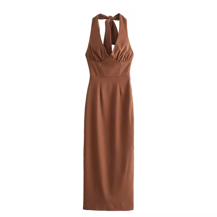 New Women's Fashion Linen Blended Dress Spring/Summer V-Neck Sleeveless Backless Mid-Calf Casual Style Versatile Tight Chest - 1