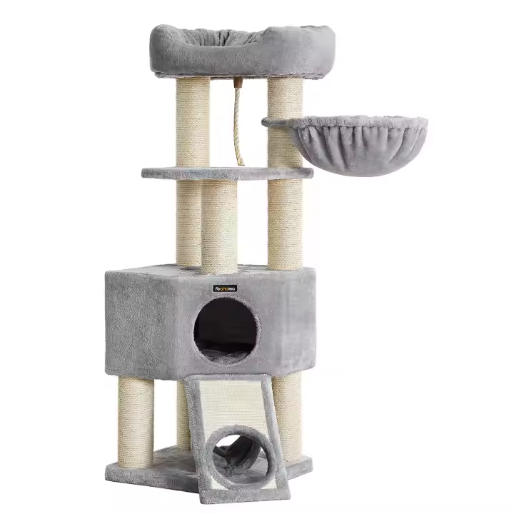 FEANDREA Árbol Grande para Gatos, Rascador para Gatos Tamaño M, Cueva, Hamaca, Plataforma de Felpa, Túnel, Columna de Cuerda de Sisal, Poste de Rascado, 50 x 50 x 141 cm, Gris Claro y Natural/Gris Claro y Negro - 1