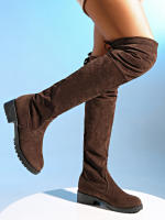Botas De Invierno Para Mujer Marrón Hasta La Rodilla Cómodas Con Cordones Tacones Altos Y Suela Plana Botas De Gamuza Forradas Con Cierre De Lazo Fashion Y Cálidas - details 4