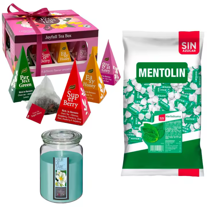 Lote respira: MENTOLIN HIERBABUENA S/A BOLSA 1KG + WELL HOME - Vela perfumada con flor tiare + WELL HOME - Caja de Té Joyfull con variedad de sabores - 1