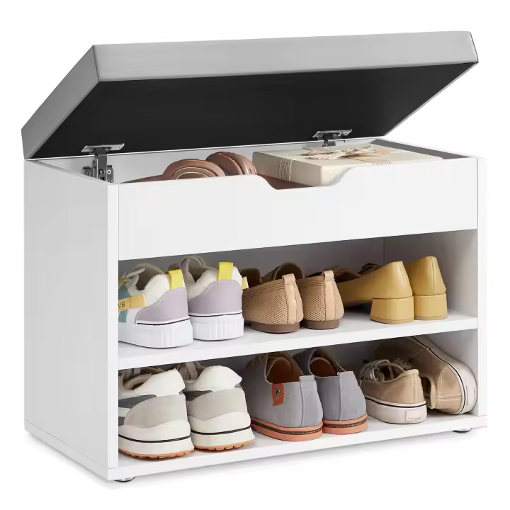 VASAGLE Banco Zapatero, Mueble Zapatero con Asiento Tapizado, Banco Recibidor con 3 Compartimentos y Asiento Acolchado, 30 x 60 x 44 cm, para Entrada Dormitorio Sala de Estar, Beige Natural/Blanco Nube - 1
