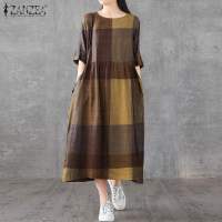 Vestido Midi De Lino Y Algodón ZANZEA Para Mujer Estilo Vintage Cuadros Manga Corta Cuello Redondo Vestidos Casual Verano Con Bolsillos Longitud Hombro a Hombro - details 4