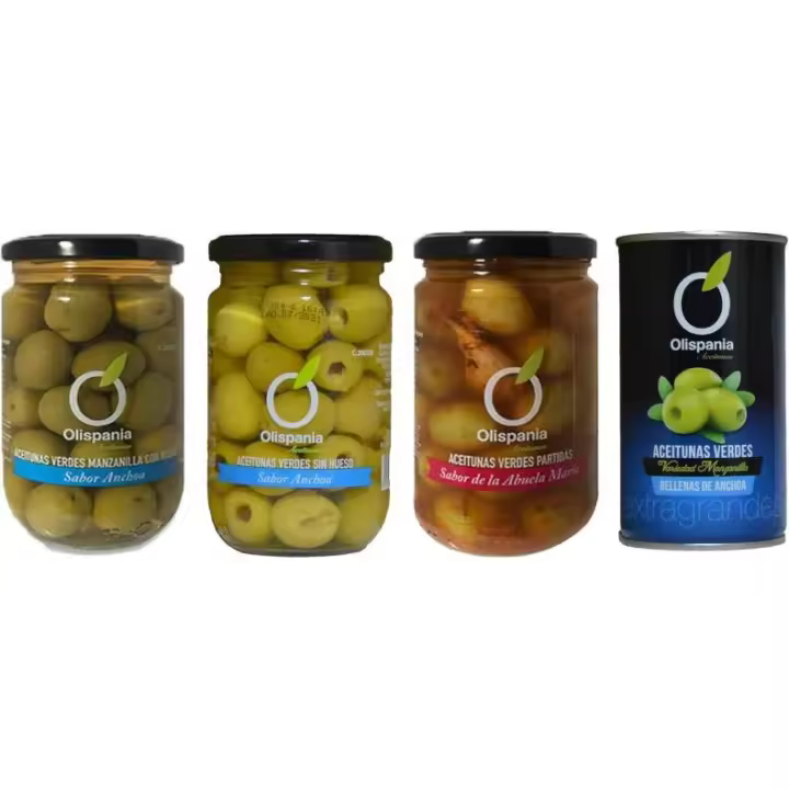 Pack Surtido Aceituna Gourmet Olispania (tarro 350Gr x 4Uds) (Con Hueso + Sin Hueso + Partida de la Abuela + Rellena Anchoa) - 1