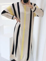 Vestido De Mujer REALEFT Otoño Invierno Grueso Vintage Rayado Suéter De Punto Manga Larga Cintura Alta Cuello Redondo Suéter De Moda Oficina Lady - details 1