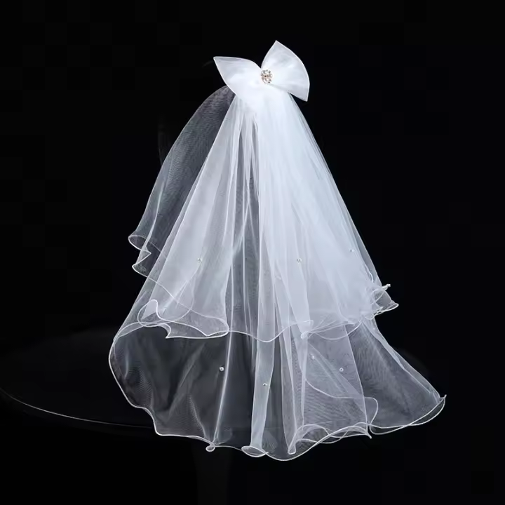 Velo De Novia Blanca Con Estilo Clásico Dos Capas De Tela Con Diamantes Largo Del Brazo Y Lazo Para Mujeres Vestido De Novia - 1