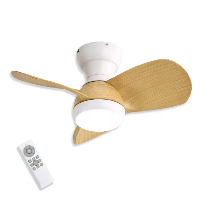 VZLED - Ventilador de techo 58 cm 23" con luz led regulable y control remoto - Motor DC silencioso, 6 velocidades, giro reversible, color blanco e imitación madera - 1