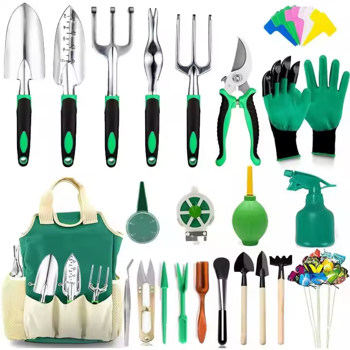 Juego de herramientas de jardinería, 23 piezas de acero inoxidable de alta resistencia con mangos verdes y negros, regalos para desmalezar al aire libre para hombres y mujeres - 1