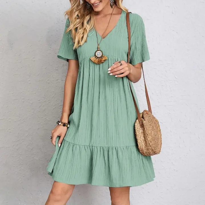 Vestido Mini Mujer Verano Casual Sólido V Cuello Ruffles A-line Moda Verano Bohemia Elegante Playa Vestido Suelto Silueta A-LINE - 1