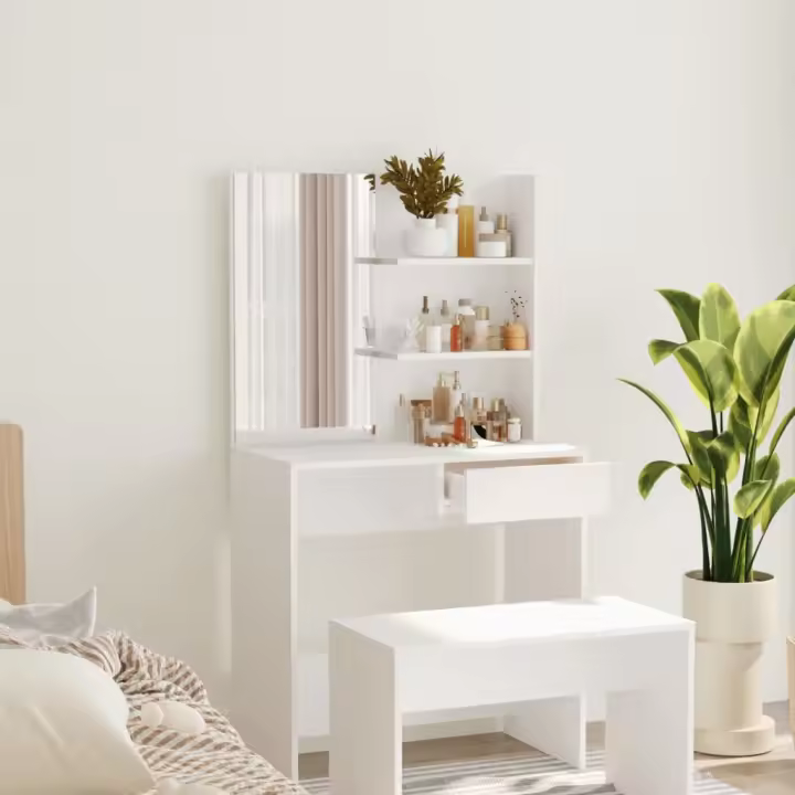 vidaXL Tocador con espejo 74,5x40x141 cm en color Blanco/Blanco brillante/Madera antigua y más | decorativo de pared para baño dormitorio recibidor moderno - 1