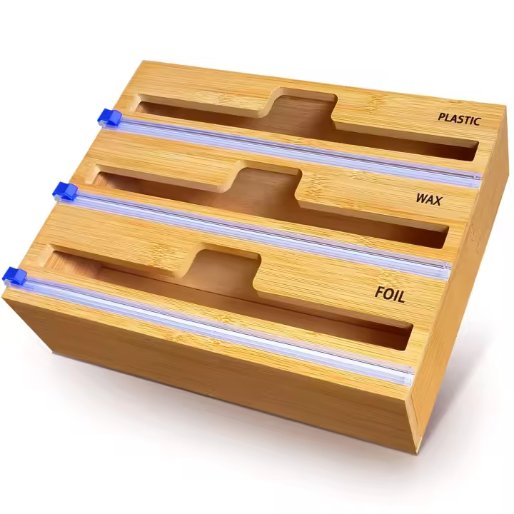 Dispensador de envoltorios con cortador y etiquetas, papel encerado, papel de aluminio y organizador de plástico para cajón de cocina, soporte de bambú, compatible con rollo de 12" (3 en 1) - 1