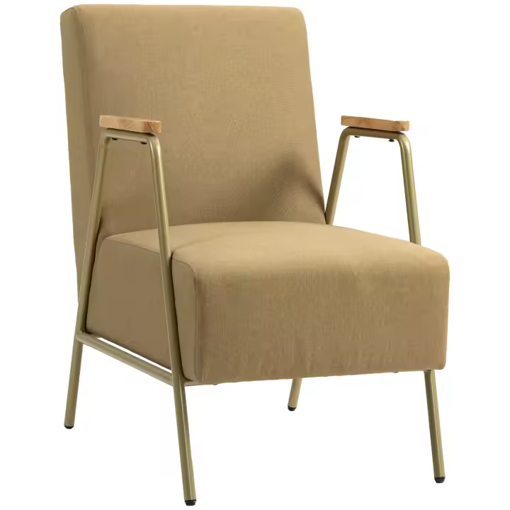 HOMCOM Butaca de Salón Sillón Individual con Reposabrazos Marco de Acero Dorado Estilo Moderno para Salón Dormitorio Marrón Claro - 1