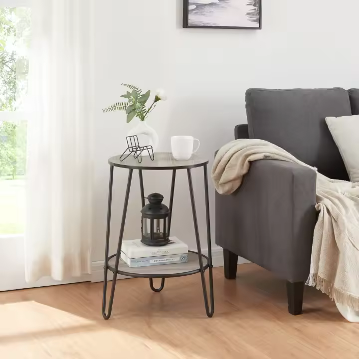 Mesa auxiliar Ylöjärvi redonda con estante MDF metal 61x44x44cm - Negro/Roble [en.casa] - 1