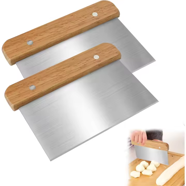 Raspador de masa - 2 piezas - 15cm - Raspador de masa de acero inoxidable - Mango de madera - Cortador de masa - Cortador de verduras - Cuchillo para pizza - Para tartas y pasteles - Acero inoxidable - 1