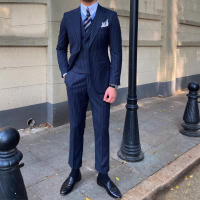 Traje De Boda Formal Slim Fit 3 Piezas Color Sólido Azul Marino Conjunto De Traje De Negocios Con Chaleco Pantalones Y Chaqueta Para Hombres - details 4