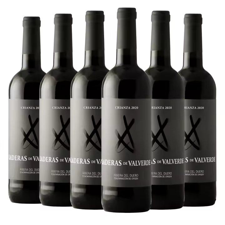 ARTE SABOR Caja de 6 botellas de vino Laderas de Valverde Crianza 2020. Ribera del Duero, crianza de 18 meses en barríl de roble. 75cl con 14,5% vol. 7x7x32 Cm. - 1