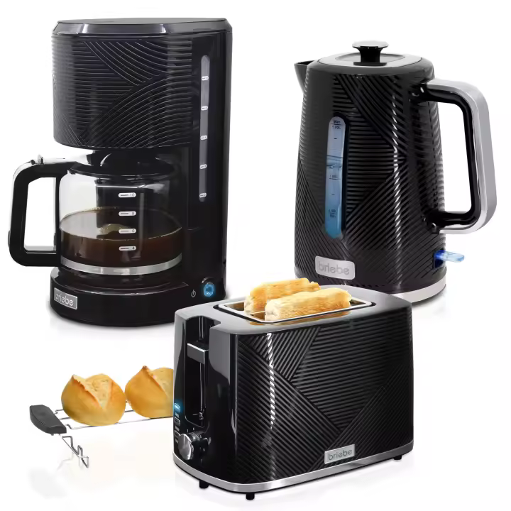 Briebe SKT1178BLK Elegance Set Tostador Pan Ranura Ancha 2 Rebanadas, Hervidor Agua Eléctrico 1,7L Cafetera 1,25L, , Negro - 1