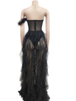 Beyprern Vestido Maxi De Fiesta Elegante Con Volantes Y Plumas Chiffon Mesh Transparente Sin Mangas Corte Suelto Para Mujer - details 2