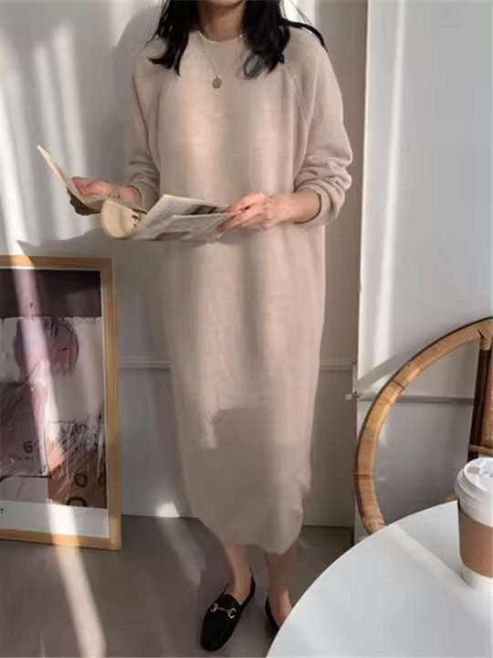 Vestido Largo Casual De Otoño Invierno REALEFT Para Mujer Suéter De Lana Gruesa Con Cuello Redondo Manga Larga Sobremano Suelto - 1