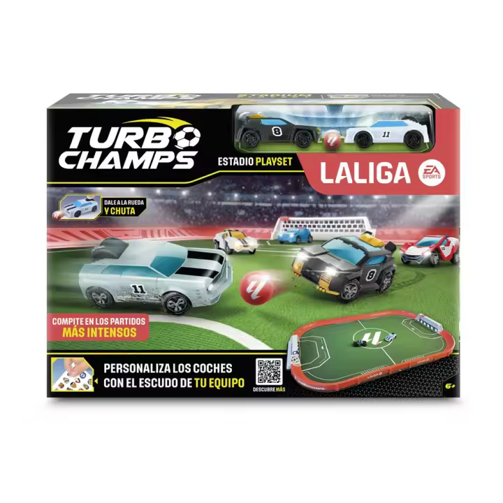 Estadio Turbo Champs La liga con 2 porterías con marcador de puntos, barreras y pegatinas ¡dale a la rueda y chuta! incluye 2 coches especiales (IMC Toys 926455) - 1