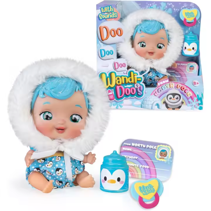 WANDI-DOO'S from North Pole, Muñeca Bebé Esquimal del Polo Norte, Habla con el Lenguaje Universal de los Bebés, Doo Doo Doo, Vestida de Esquimal con 2 Accesorios, Biberón y Chupete (Famosa WAD00000) - 1
