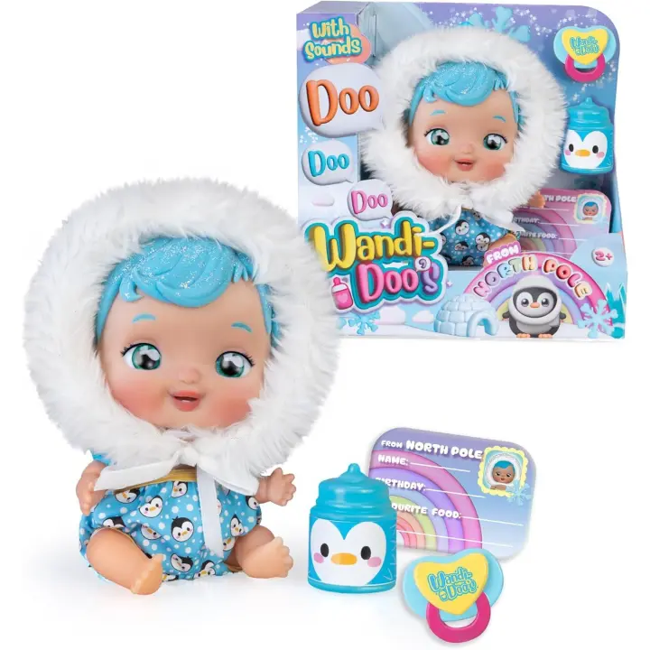 WANDI-DOO'S from North Pole, Muñeca Bebé Esquimal del Polo Norte, Habla con el Lenguaje Universal de los Bebés, Doo Doo Doo, Vestida de Esquimal con 2 Accesorios, Biberón y Chupete (Famosa WAD00000) - 1