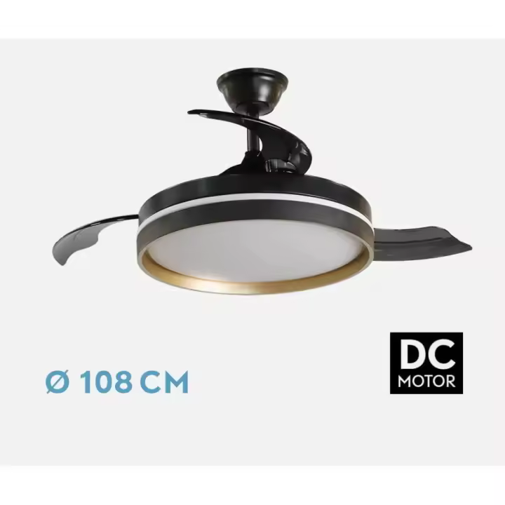 FABRILAMP Ventilador PREMIUM Mandarin Negro/oro 72w 3aspas 48/108D Motor DC Regulable Dimmable intensidad 7200lm 3000-4000-6500k Remoto+memoria+temporizador,6velocidades,Control de aire verano o invierno Incluye 2 tijas y mandos calidad de confianza - 1