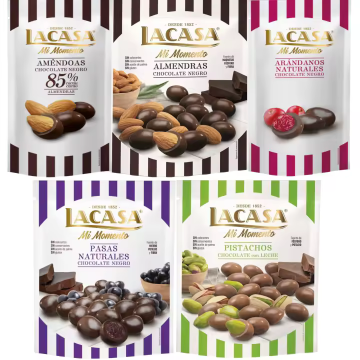 Lacasa Mi Momento pack de 5:Arándano choco Negro 60G,Almendra 85% 65G,Pasas choco Negro 150G,Almendra choco Negro 125G,Pistacho Leche 100G - 1
