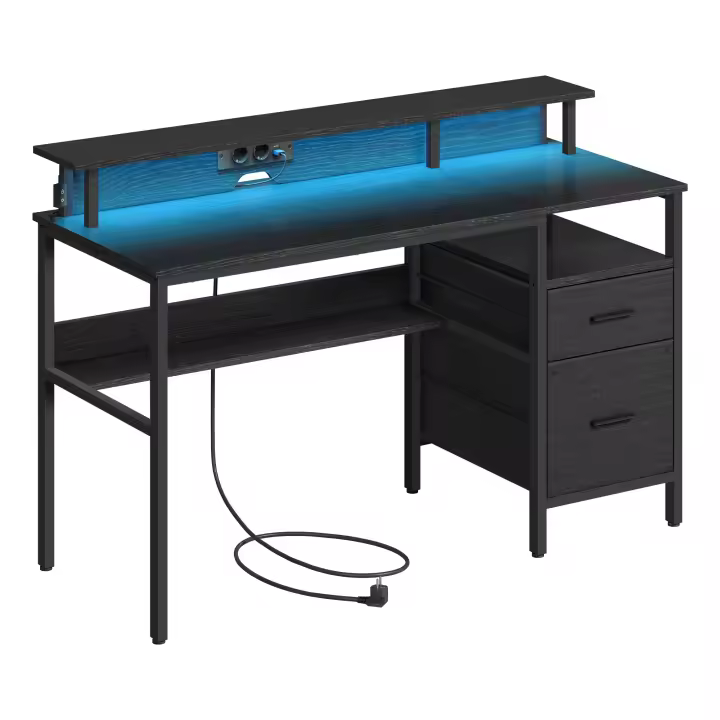 VASAGLE Escritorio con Cajones de Tela, Luces LED y Tomas Corriente Incorporadas, Estante para Monitor, Escritorio Esquinero, 2 Cajones, 2 Puertos USB, para Oficina Casa, Negro Ébano/Marrón Rústico - 1
