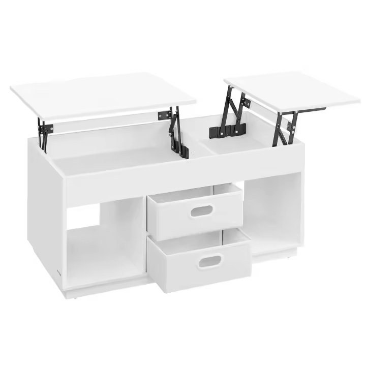 Mesa de Centro, Mesa de Café con Tablero Elevable, 2 Cajones y Compartimentos Ocultos, Estantes Abiertos, para Sala de Estar, Estudio, Blanco o Beige - 1