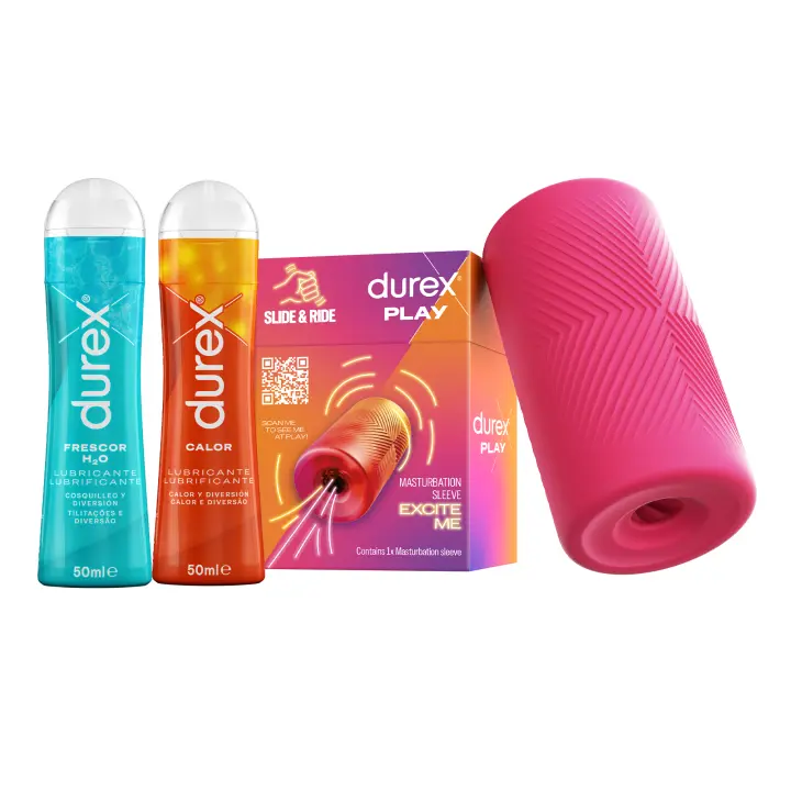 Durex Pack - Masturbador SLIDE & RIDE, elástico, suave flexible y texturizado con estrías, fácil de limpiar y reutilizable + Gel lubricante efecto frio y calor - 1