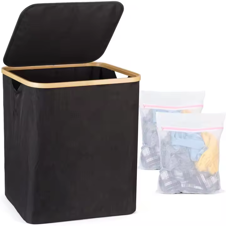 Cesta para la colada plegable grande de bambú con tapa extraíble 60L - 1