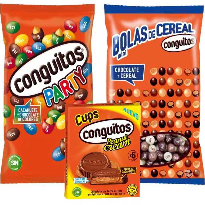 Pack Conguitos mini bolas cereal mix 1kg,cups leche pack 3x34g,party bolsa 1kg, - 1