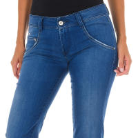 MET-Pantalon Tejano Largo efecto gastado de tejido elástico 70DBF0532 para Mujer