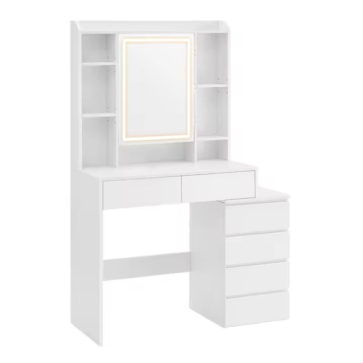 Tocador moderno con luces led ajustables, mesa de maquillaje con espejo, color blanco, compartimentos abiertos y estantes ajustables - 1