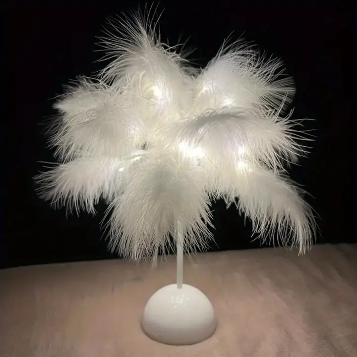 Lámpara De Mesa LED Cálida Pequeña Luz Nocturna Decorativa Para Habitación De Niña Y Novia Lámpara De Lectura Al Lado Del Cama Estilo Nórdico Romántico Con Plumas - 1