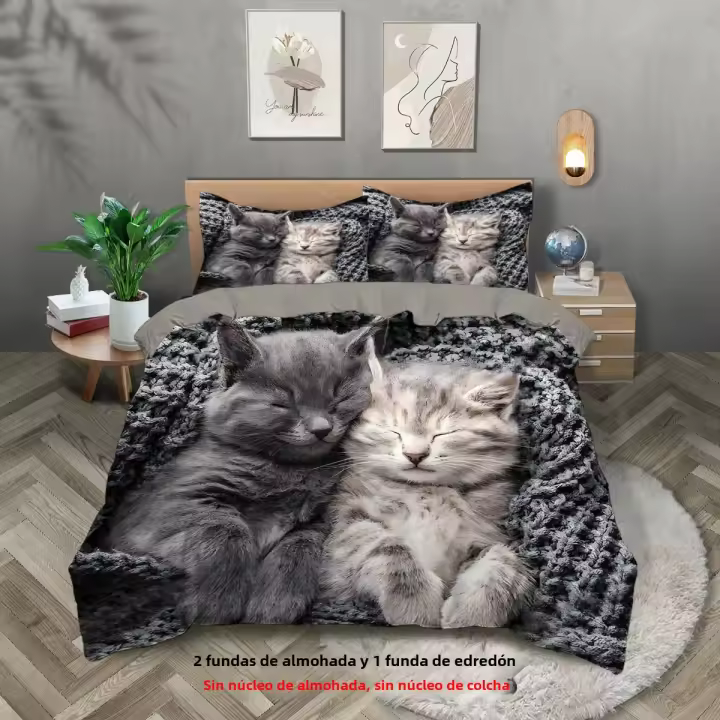 Juego De Cama Para Parejas Estilo Lindo Con Estampado De Gato 1 Funda De Edredón + 2 Fundas De Almohada Amigable Con La Piel Térmica Transpirable Y Lavable En Máquina Moderno - 1
