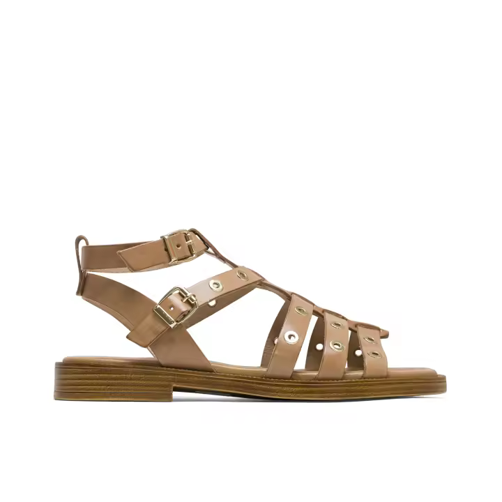 PORRONET - Sandalias planas de tiras Mia en color taupe con tachuelas - Cierre mediante doble pulsera al tobillo con hebilla - Elaboradas en piel -  Máxima comodidad y calidad - Hecho en España -  Pl - 1
