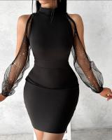 Vestido Bodycon De Encaje Con Cuello Redondo Y Manga Larga Para Mujer Vestido Slim Con Cintura Ajustada Estilo Oficina Lady - details 1