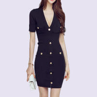 Vestido Bandage Negro Elegante De Verano Para Mujer Con Cuello En V Manga Corta Botones Metálicos Casual Para Fiesta De Playa Ropa De Calle Alta Comodidad Slim Fit Longitud De Rodilla - details 1
