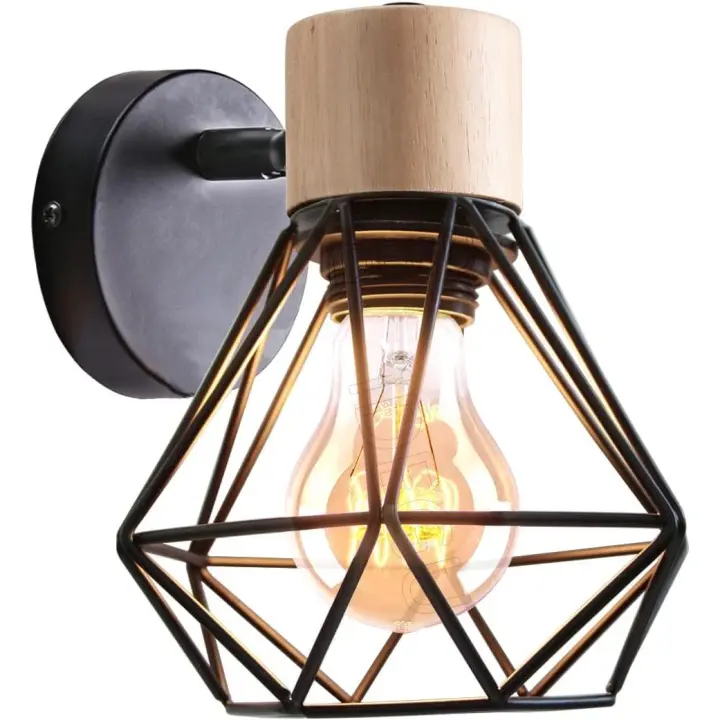 Lámparas de Pared Vintage 15CM Aplique Interior de Madera Metal Industrial Diseño de Jaula Luz Ajustable Retro - 1