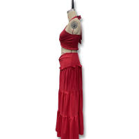 Conjunto Elegante De 2 Piezas Para Mujer Halter Sin Espalda Camisola De Cintura Elástica Con Volantes + Falda Larga De Encaje Sólida Vestido De Noche Para Fiesta Y Vacaciones En La Calle - details 1