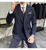 Traje Tres Piezas De Calidad Alta Con Rayas Y Color Sólido Estilo Coreano Traje Slim-fit Con Chaleco Y Pantalones Para Hombres - details 19
