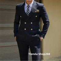 Traje Azul Oscuro 2024 Para Hombre Ajustado Personalizable Doble Botón 2 Piezas Traje De Boda Formal Negocios Conjunto De Chaqueta Y Pantalones - details 1