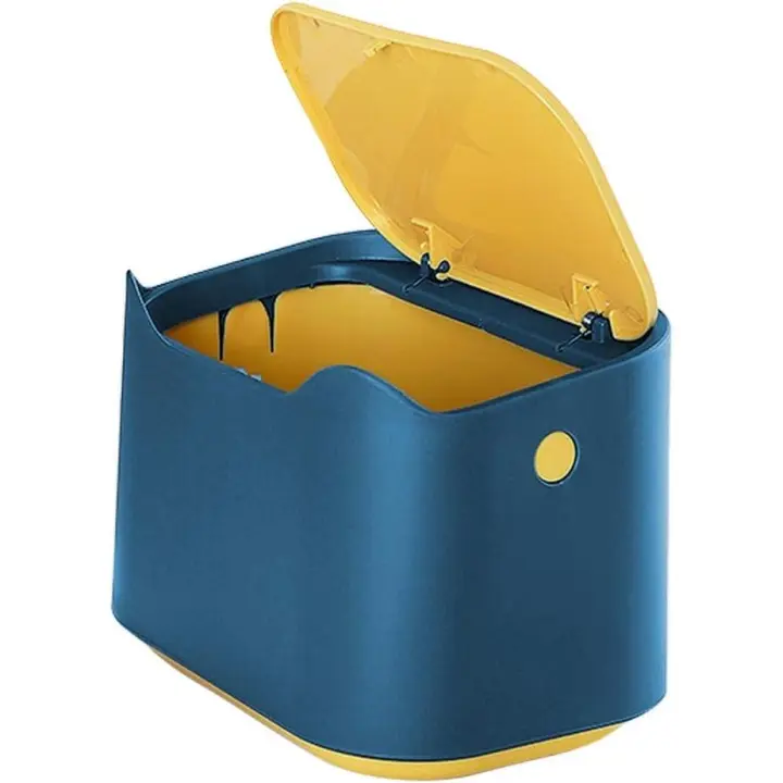Small Table Trash Can, Mini Plastic Style Kitchen Desktop Trash Can with Push Button Lid, Push Top Trash Can Kitchen Trash Can Rubbish Waste Dustbin Desk Bin 2L (Blue) - 1