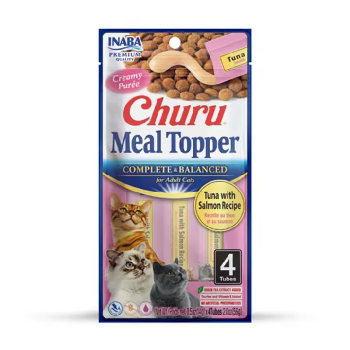 INABA Churu Meal Topper con Atún y Salmón Snacks para Gatos - Pack de 12 Sobres X 4 Unidades X 14 Gr - 1