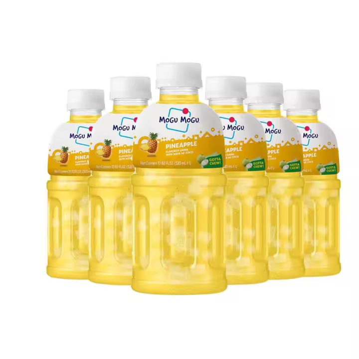 MOGU MOGU Zumo de frutas surtido con Nata de Coco 320 ml, 6 botellas, con Topping De Gelatina Para Masticar Sin Parar - Sabores: Mango, Melón, Piña, Grosella negra, Sandía, Coco, Fresa, Lychee, Melocotón - 1